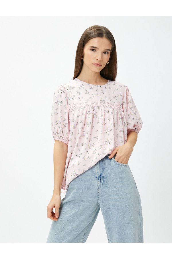 Koton Koton Floral Blouse with Scallop Stripe Detail Balloon Sleeve