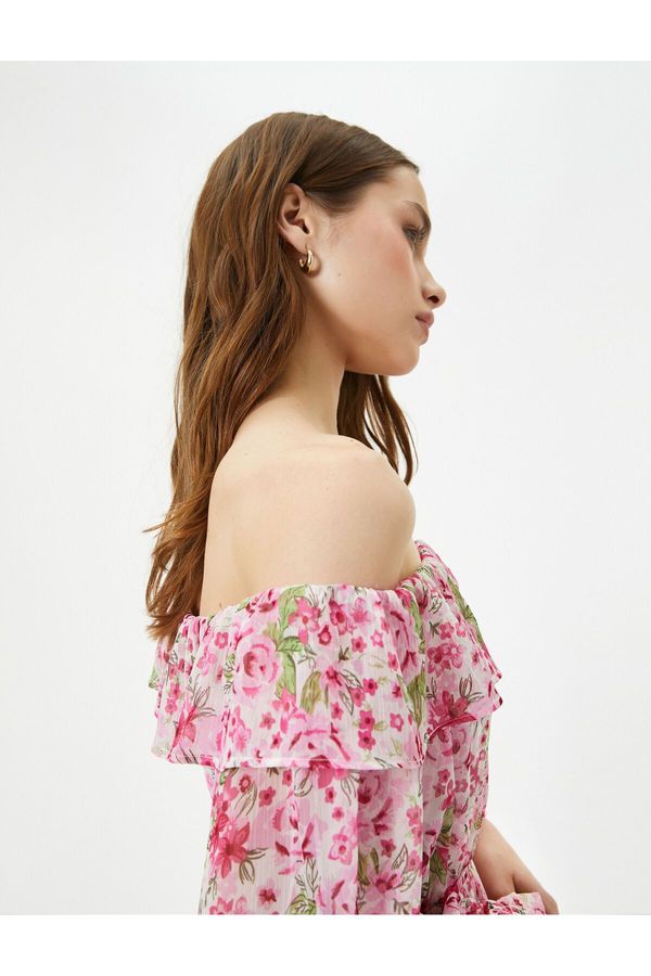 Koton Koton Floral Dress Midi Off Shoulder Tie Detail