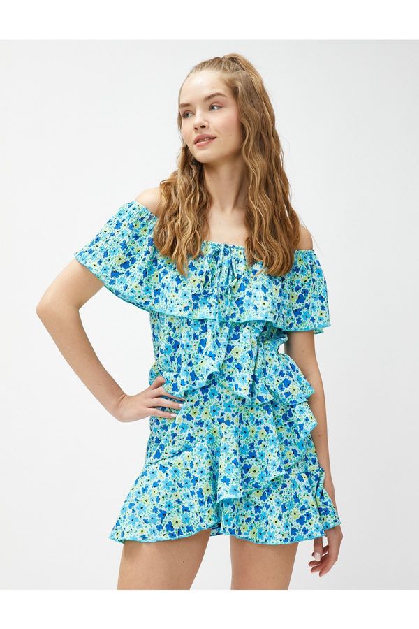 Koton Koton Floral Jumpsuit With Off-the-Shoulder Frilly Tie Detail