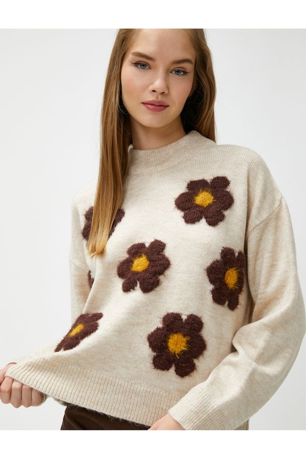 Koton Koton Floral Knitwear Sweater Crew Neck Long Sleeve Ribbed