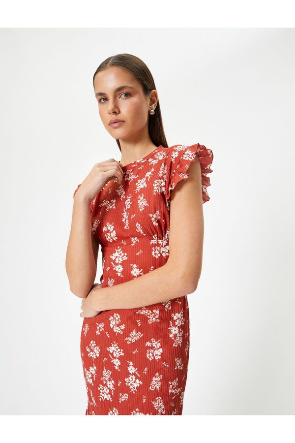 Koton Koton Floral Midi Dress, Fitted at the Waist, Round Ruffle, Watermelon Sleeve