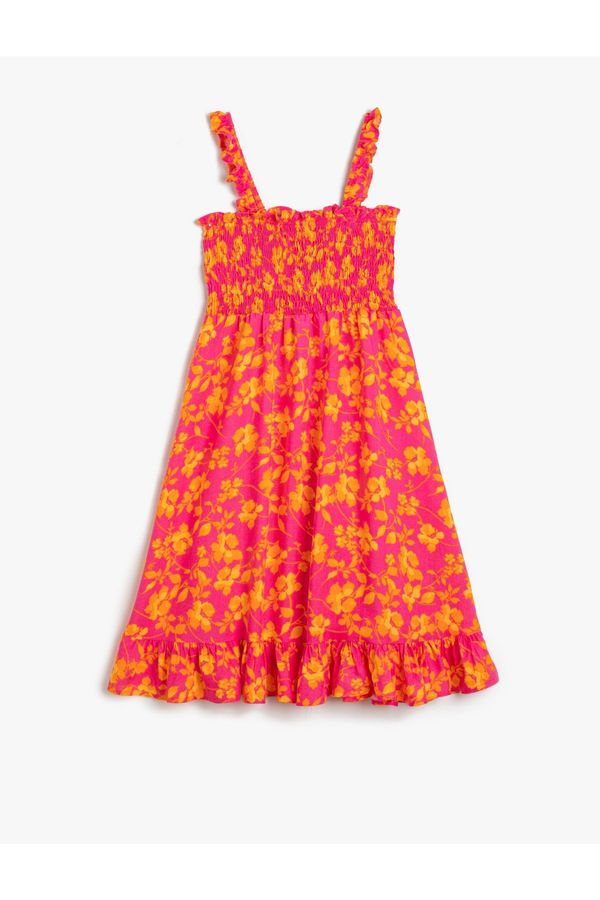 Koton Koton Floral Midi Dress with Straps, Gippe Detailed and Frilly.