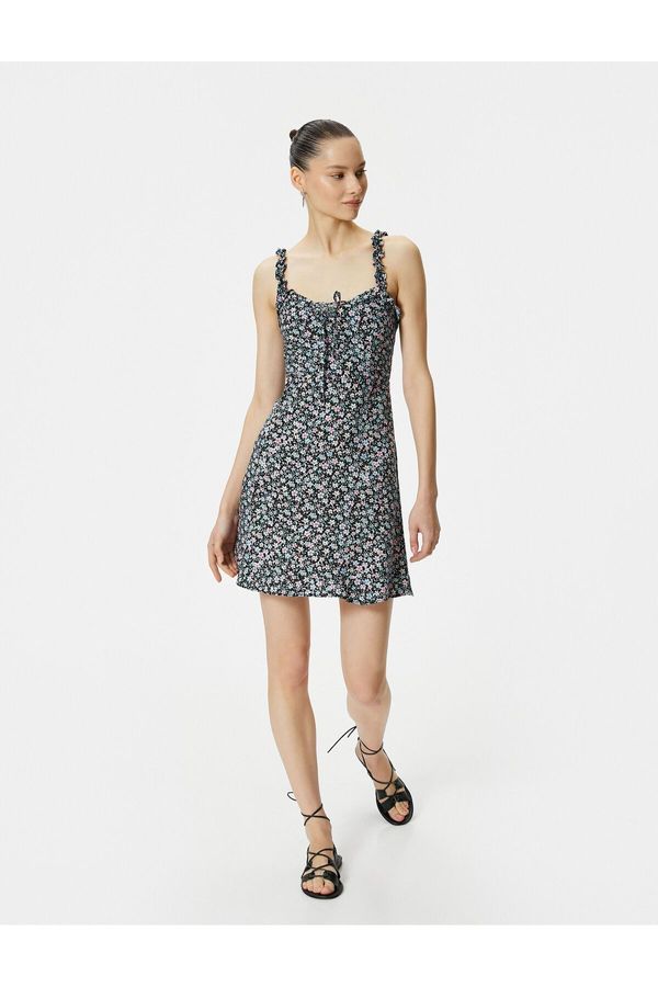 Koton Koton Floral Mini Dress with Straps Frilly Lined Viscose Fabric Bow Detailed