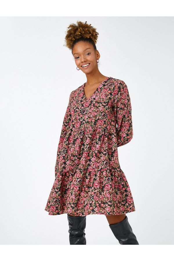 Koton Koton Floral Winter Dress Long Sleeve V-Neck