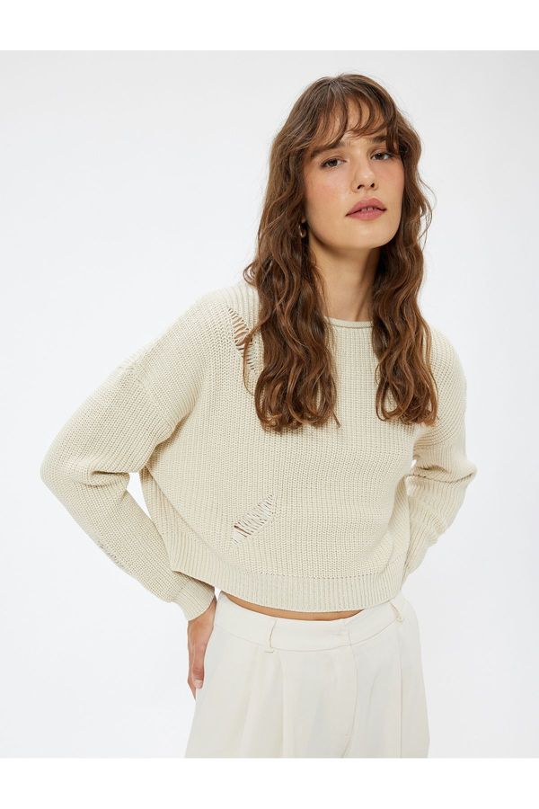 Koton Koton Frayed Detail Knit Sweater Boat Neck Long Sleeve