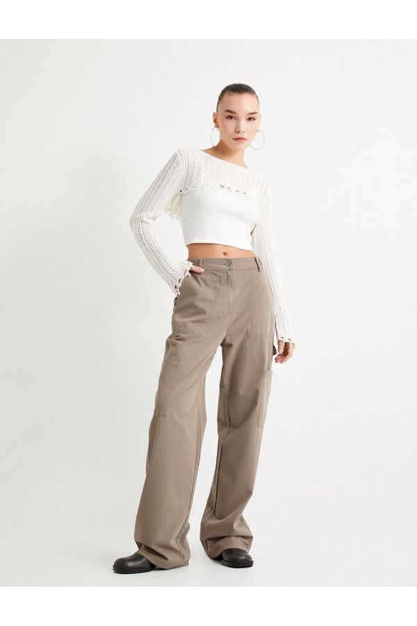 Koton Koton Frayed Openwork Crop Sweater Long Sleeve Round Neck