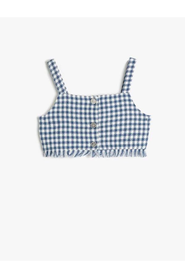 Koton Koton Girl's Crop Top with Strappy Tweed Floral Button Detail