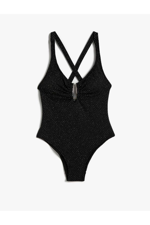 Koton Koton Glittery Swimsuit with Metal Accessories Window Detail and Pleated Straps.
