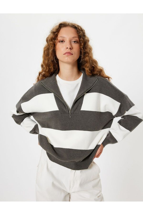 Koton Koton Half Zipper Pullover Sweater Long Sleeve Color Block