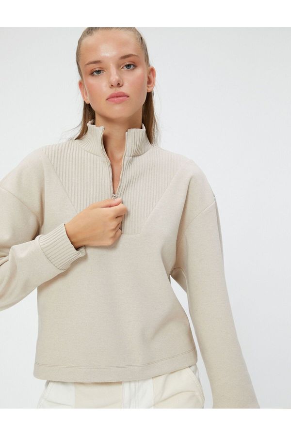 Koton Koton Half Zipper Sweatshirt Relaxed Fit High Neck Textured