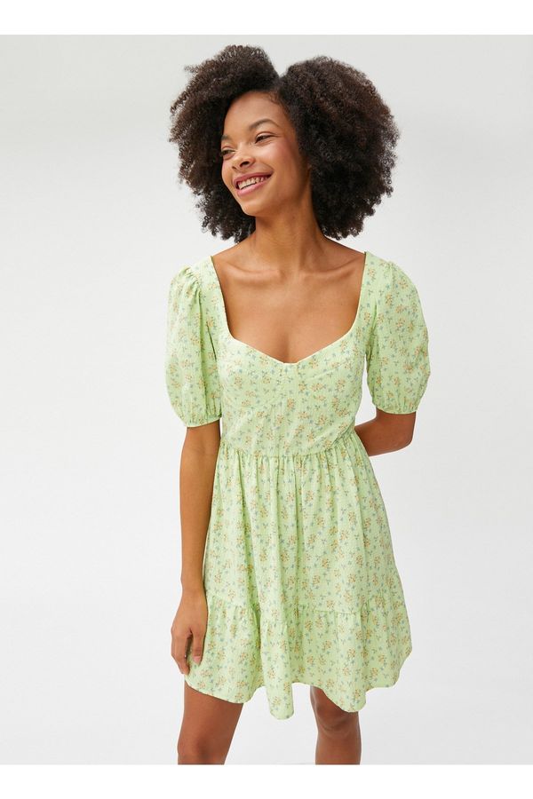 Koton Koton Heart Neck Patterned Green Short Women's Dress 3sal80017ıw