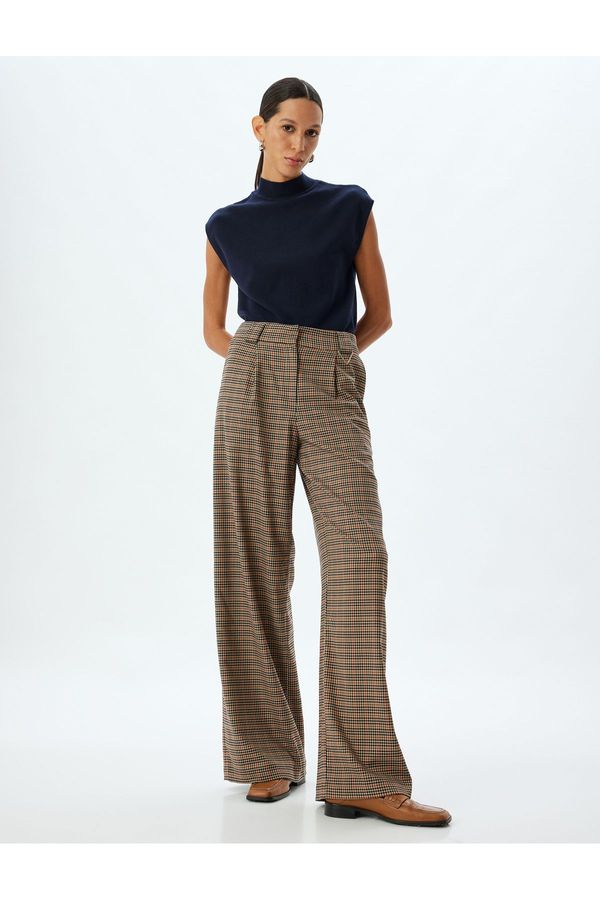 Koton Koton High Waist Pleated Detailed Plaid Palazzo Trousers with Pockets