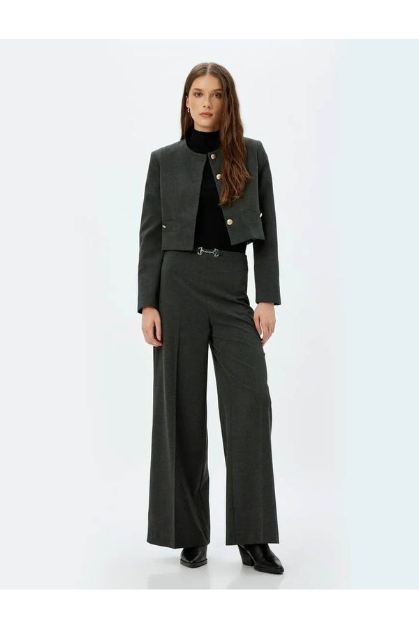 Koton Koton High Waist Wide Leg Fabric Trousers with Accessory Detail