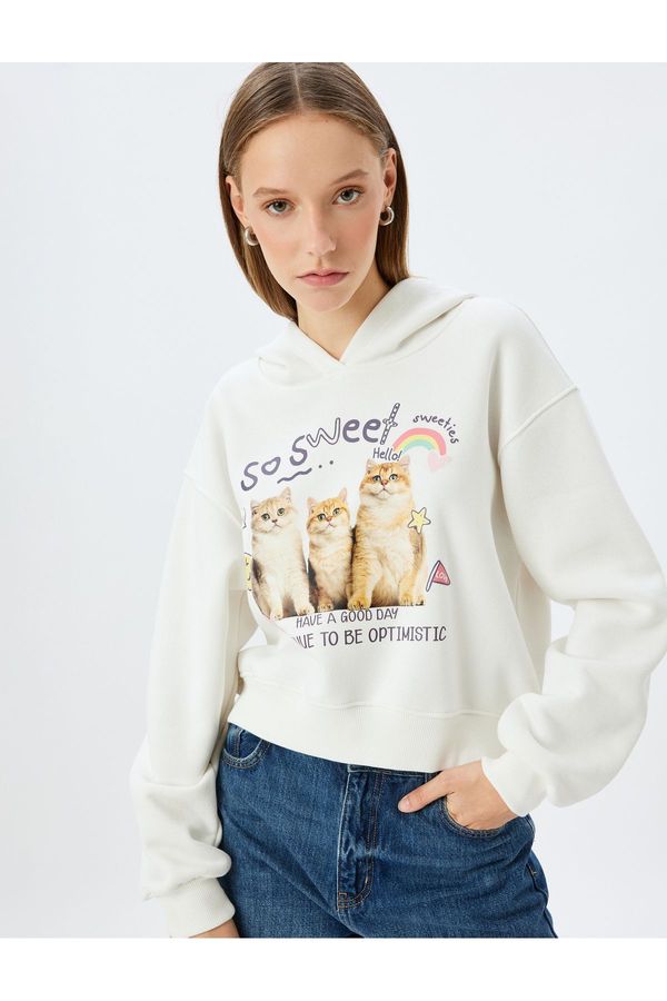 Koton Koton Hooded Cat Printed Raised Comfortable Crop Sweatshirt