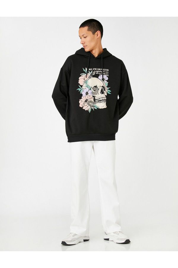 Koton Koton Hooded Oversize Sweatshirt Raised Skull Printed