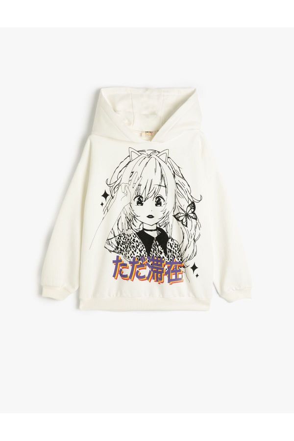 Koton Koton Hooded Sweatshirt Anime Printed Long Sleeve Ribbon