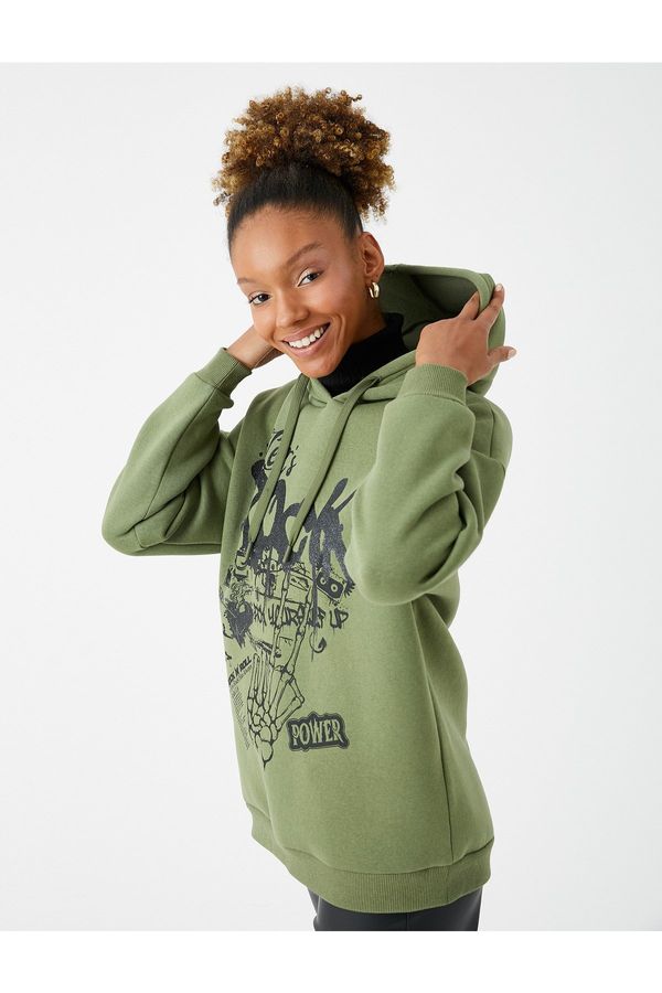 Koton Koton Hooded Sweatshirt Printed Long Sleeve With Fleece Inside