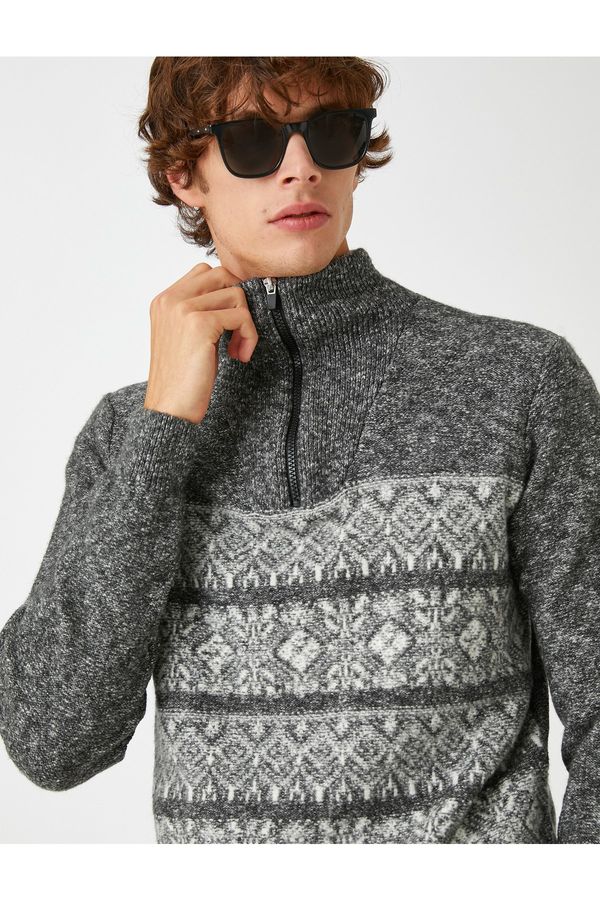 Koton Koton Jacquard Sweater High Neck Zipper Detail
