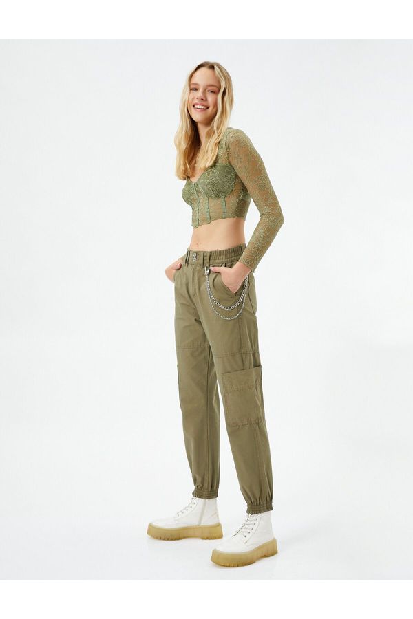 Koton Koton Jogger Gabardine Trousers with Chain Detail, Pockets, Elastic Waist