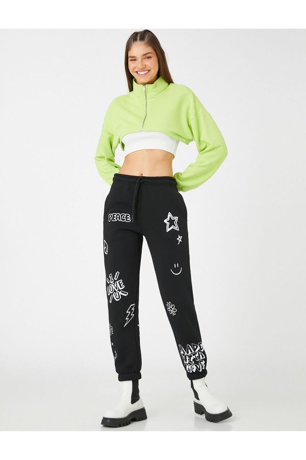 Koton Koton Jogger Pants with Printed Tie Waist Elastic Legs Fleece Inner