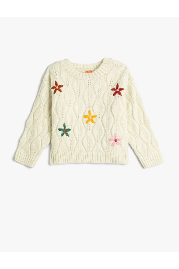 Koton Koton Knitted Sweater with Floral Embroidered Openwork Crew Neck.