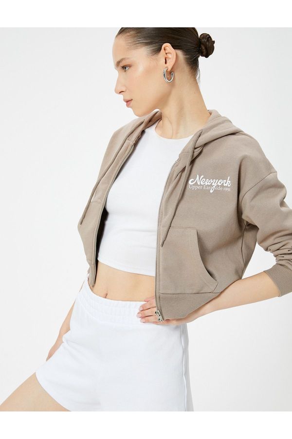 Koton Koton KT - Crop Zipper Sweatshirt Hooded Pocket Detail Printed Cotton