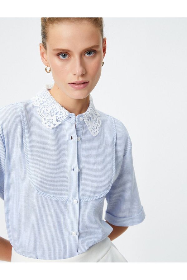 Koton Koton Lace Collar Shirt with Short Sleeves and Buttons Linen Viscose Blend.