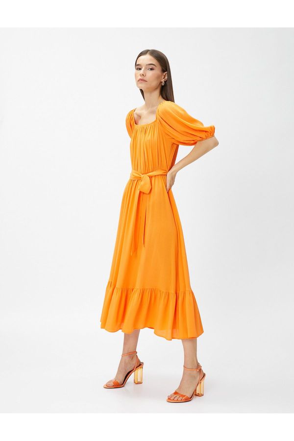 Koton Koton Layered Midi Length Dress With Open Shoulder Belt