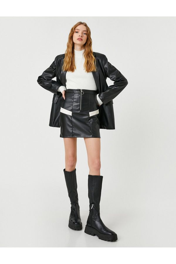Koton Koton Leather Look Mini Skirt Zippered Color Block