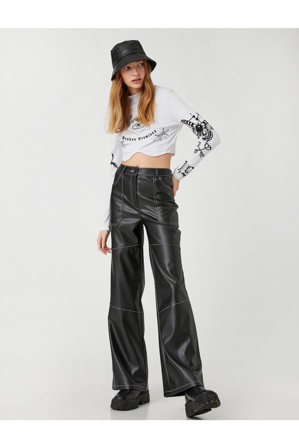 Koton Koton Leather Look Trousers Wide Leg Stitching Detailed Pockets
