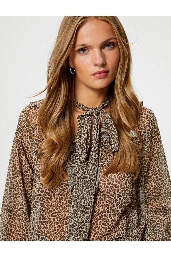 Koton Koton Leopard Patterned Blouse Foulard Collar Frilly Window Detailed