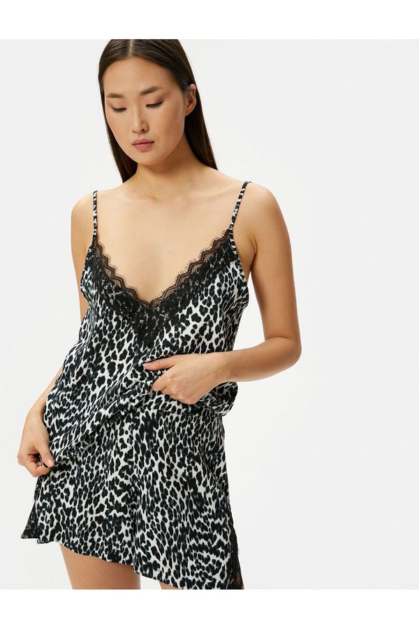 Koton Koton Leopard Patterned Pajama Top Thin Strap Laced Viscose
