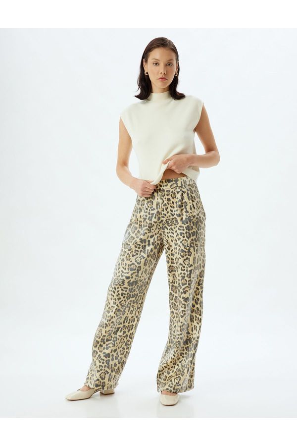 Koton Koton Leopard Trousers High Waist Wide Leg Viscose Fabric
