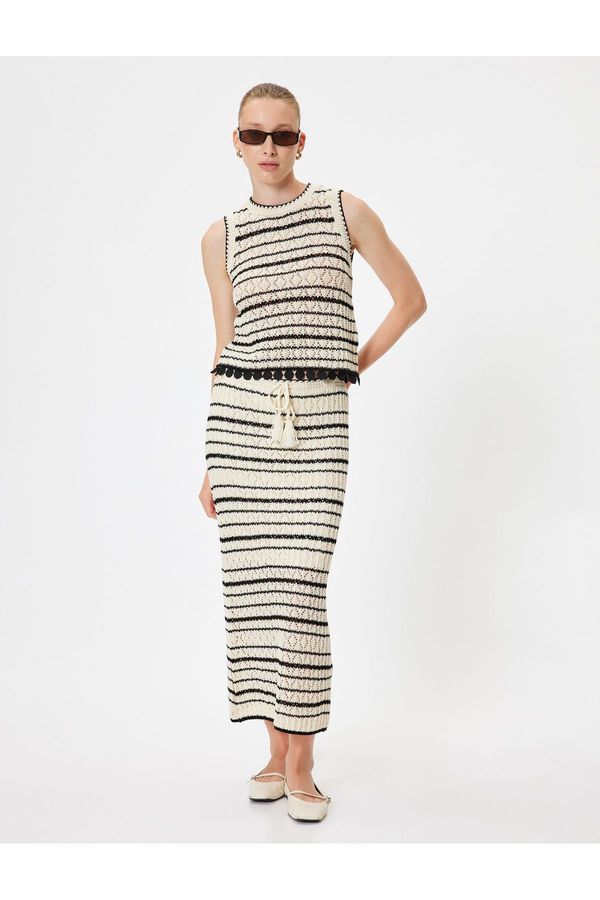 Koton Koton Lined Midi Length Tie Detailed Openwork Striped Knit Skirt