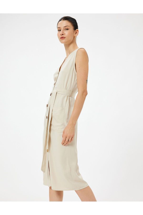 Koton Koton Linen Blend Shirt Dress Midi Length Sleeveless with Belt Detail and Pockets