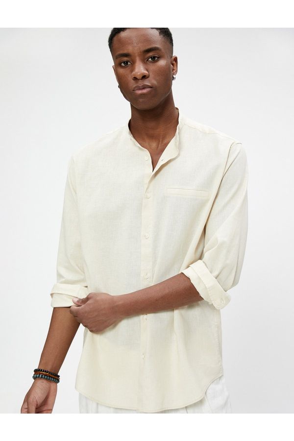 Koton Koton Linen Blended Shirt Grand Collar Pocket Detail Buttoned Long Sleeve