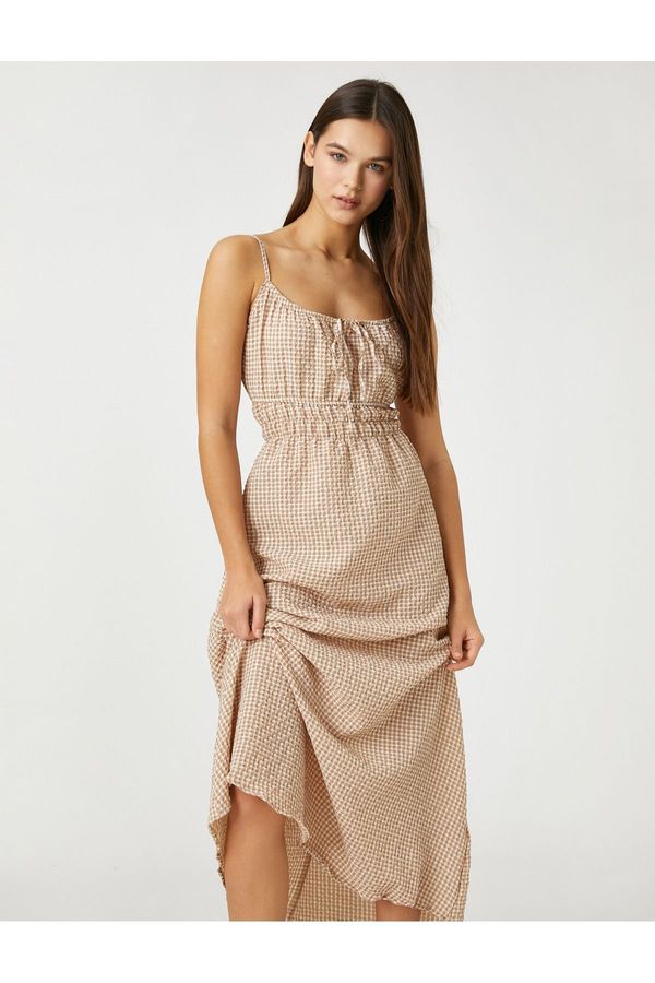 Koton Koton Long Dress with Thin Straps, Gingham Check, Waistband and Bow Detail