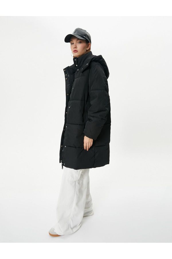 Koton Koton Long Puffer Coat Hooded Zipper Snap Closure Wind Flap Pocket