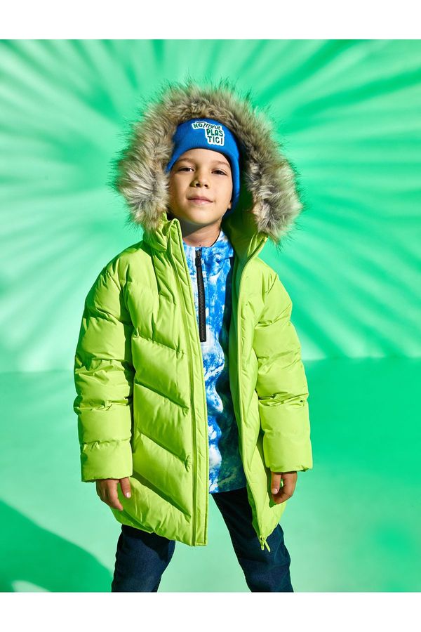 Koton Koton Long Puffer Jacket Faux Für Detailed Hooded Zippered Pocket