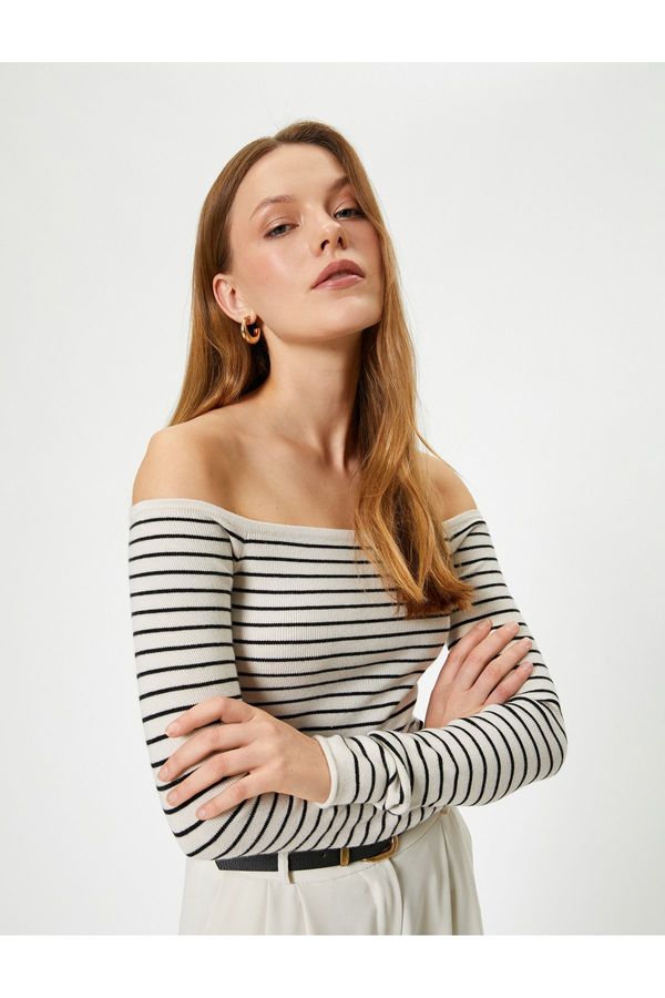Koton Koton Long Sleeve Boat Neck Off-The-Shoulder Striped Knitwear Sweater