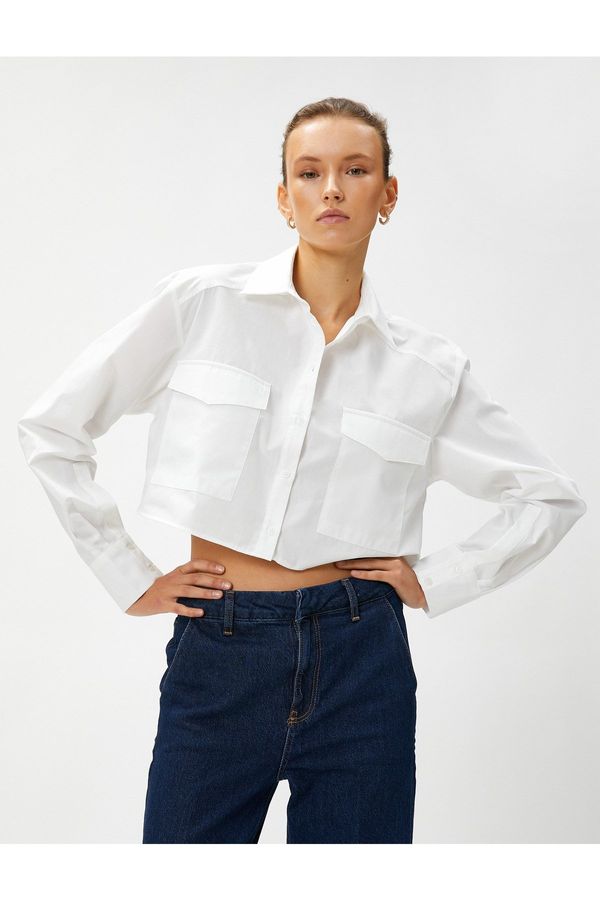 Koton Koton Long Sleeve Cotton Crop Shirt with Pocket