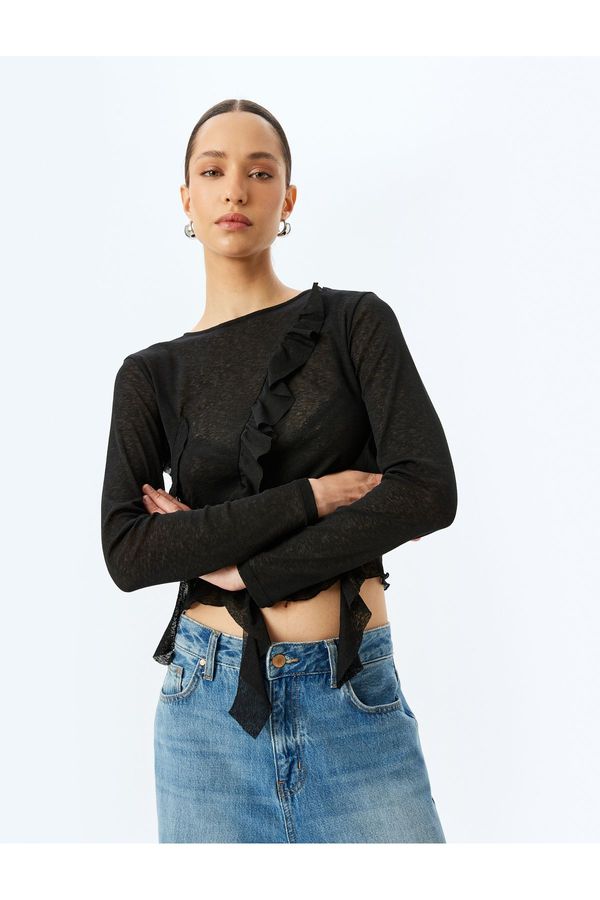 Koton Koton Long Sleeve Crew Neck Semi-Transparent Asymmetric Ruffle T-Shirt