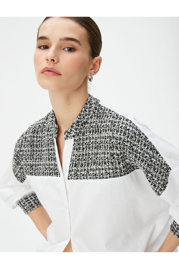 Koton Koton Long Sleeve Poplin Shirt Tweed Detailed Large Collar Buttoned Cotton