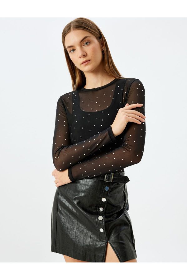 Koton Koton Long Sleeve Round Neck Slim Fit Stoned Tulle Transparent T-Shirt