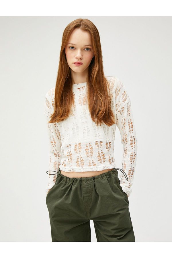 Koton Koton Long Sleeve T-Shirt Mesh Crop Crew Neck Openwork