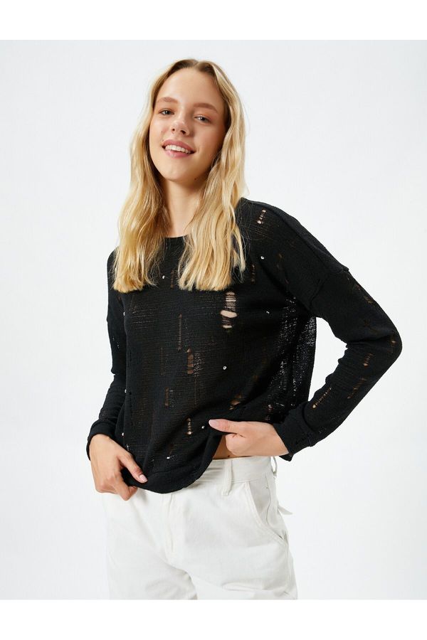 Koton Koton Long Sleeve T-Shirt Ripped Detail Crew Neck