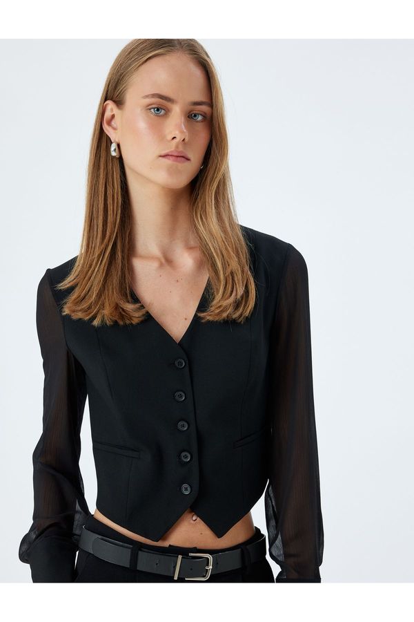 Koton Koton Long Tulle Sleeve V Neck Buttoned Pocket Crop Vest
