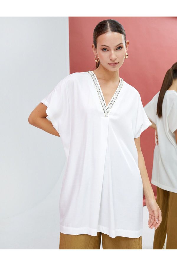 Koton Koton Long Tunic Short Sleeve V-Neck Accessory Detail