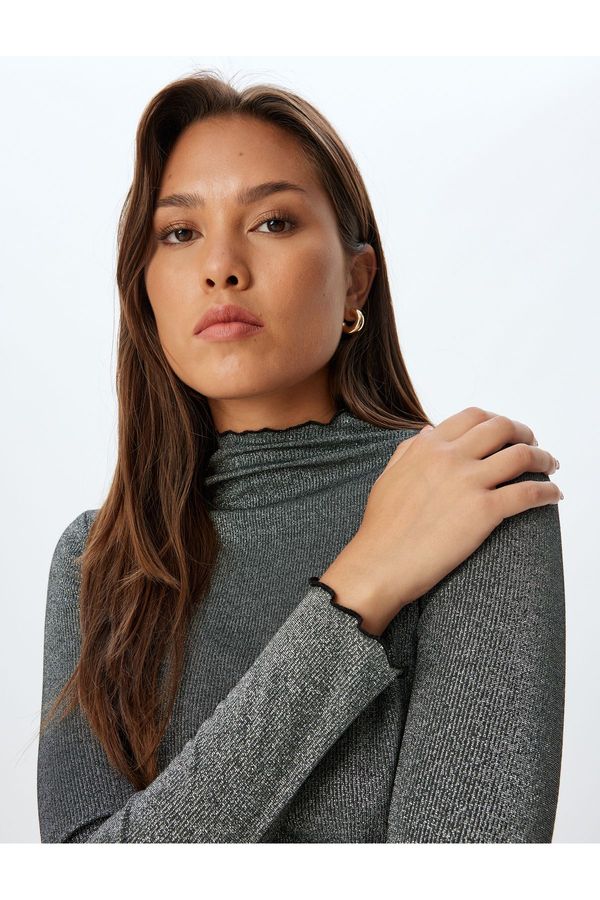 Koton Koton Metallic T-Shirt Stand Collar Long Sleeve Slim Fit