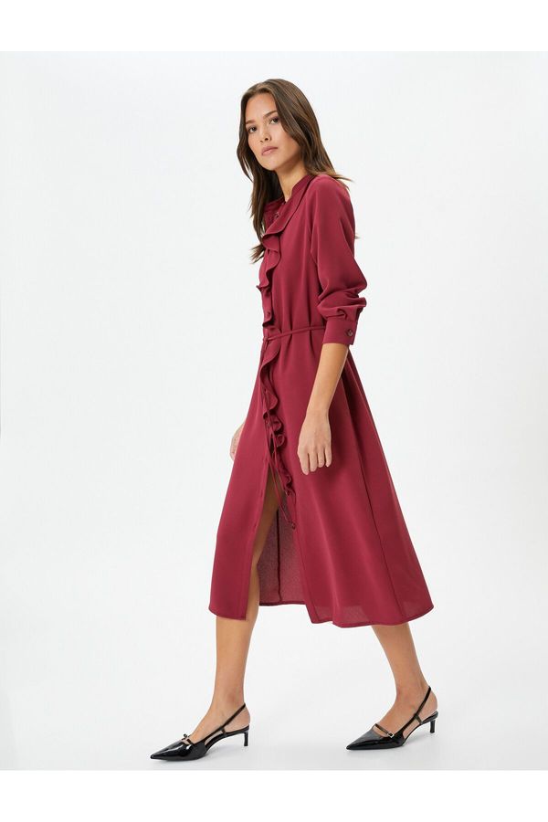 Koton Koton Midi Dress Long Sleeve Frilly Buttoned Tie Waist